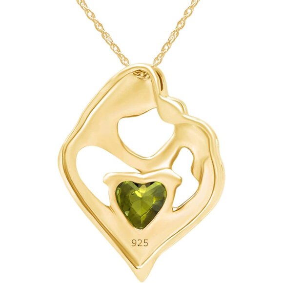 Heart Pendant Necklace with 7MM Simulated Peridot & White Diamonds, 14K Gold Sil - Picture 3 of 5